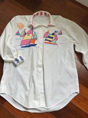 David Brooks Vintage Nautical Embroidered Shirt Retro Coastal 80s Sailboat Sze 6